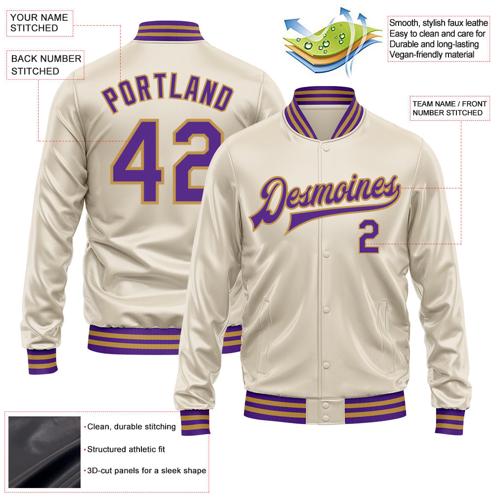 Custom Cream Purple-Old Gold Bomber Full-Snap Varsity Faux Leather Letterman Jacket view 2