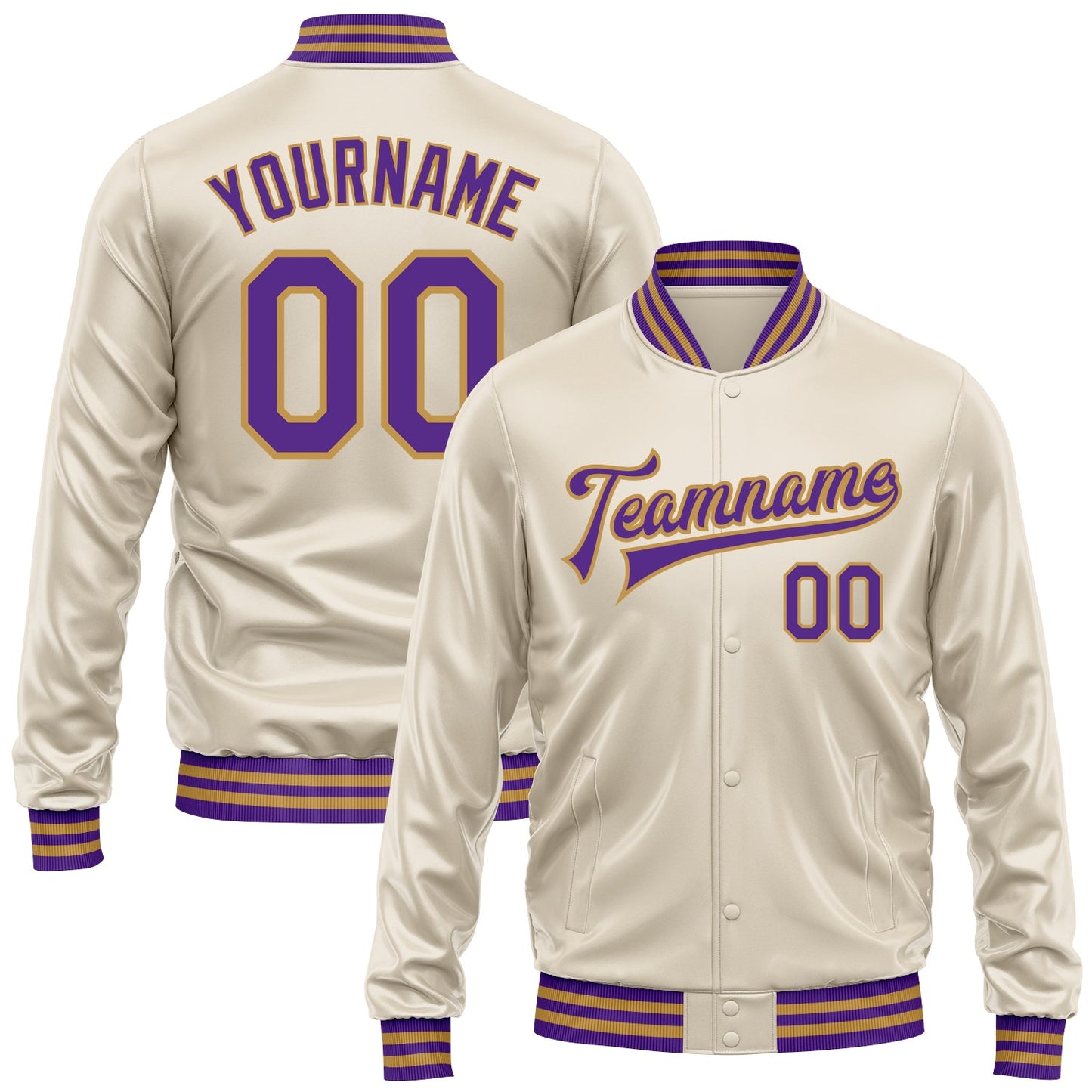Custom Cream Purple-Old Gold Bomber Full-Snap Varsity Faux Leather Letterman Jacket - Main View