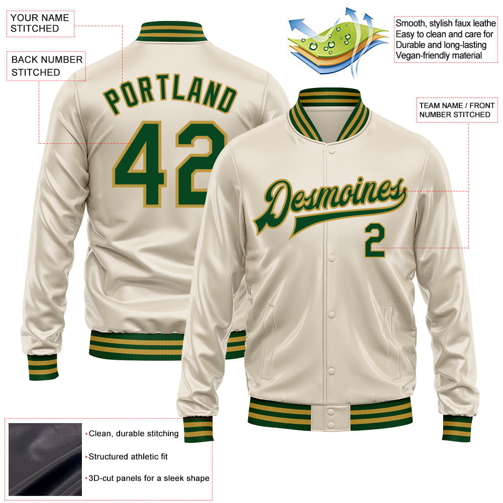 Custom Cream Green-Old Gold Bomber Full-Snap Varsity Faux Leather Letterman Jacket view 2