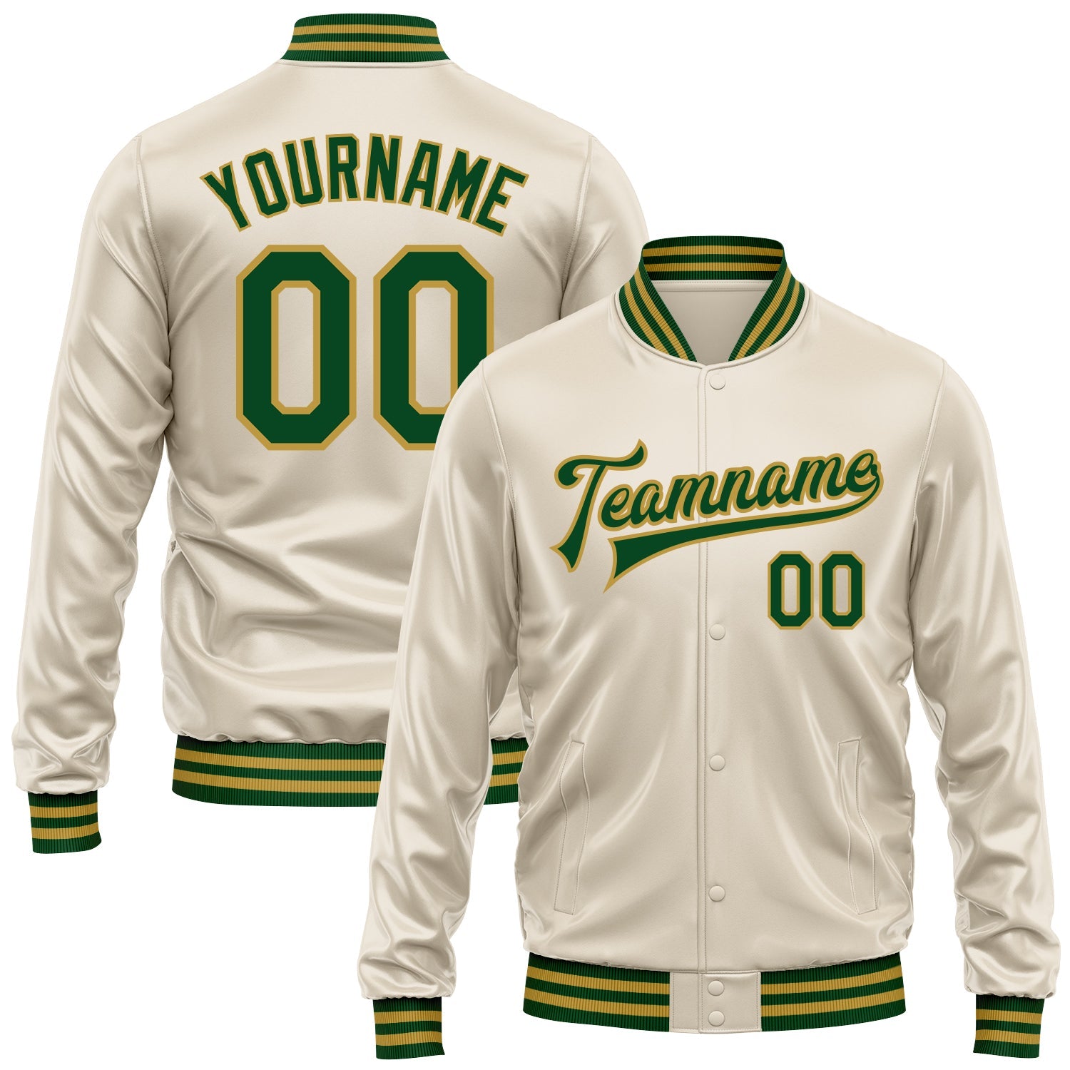 Custom Cream Green-Old Gold Bomber Full-Snap Varsity Faux Leather Letterman Jacket - Main View