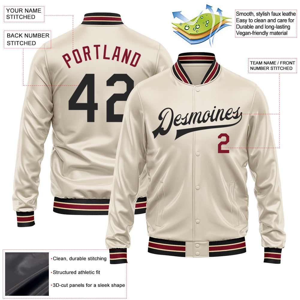 Custom Cream Black-Crimson Bomber Full-Snap Varsity Faux Leather Letterman Jacket view 2