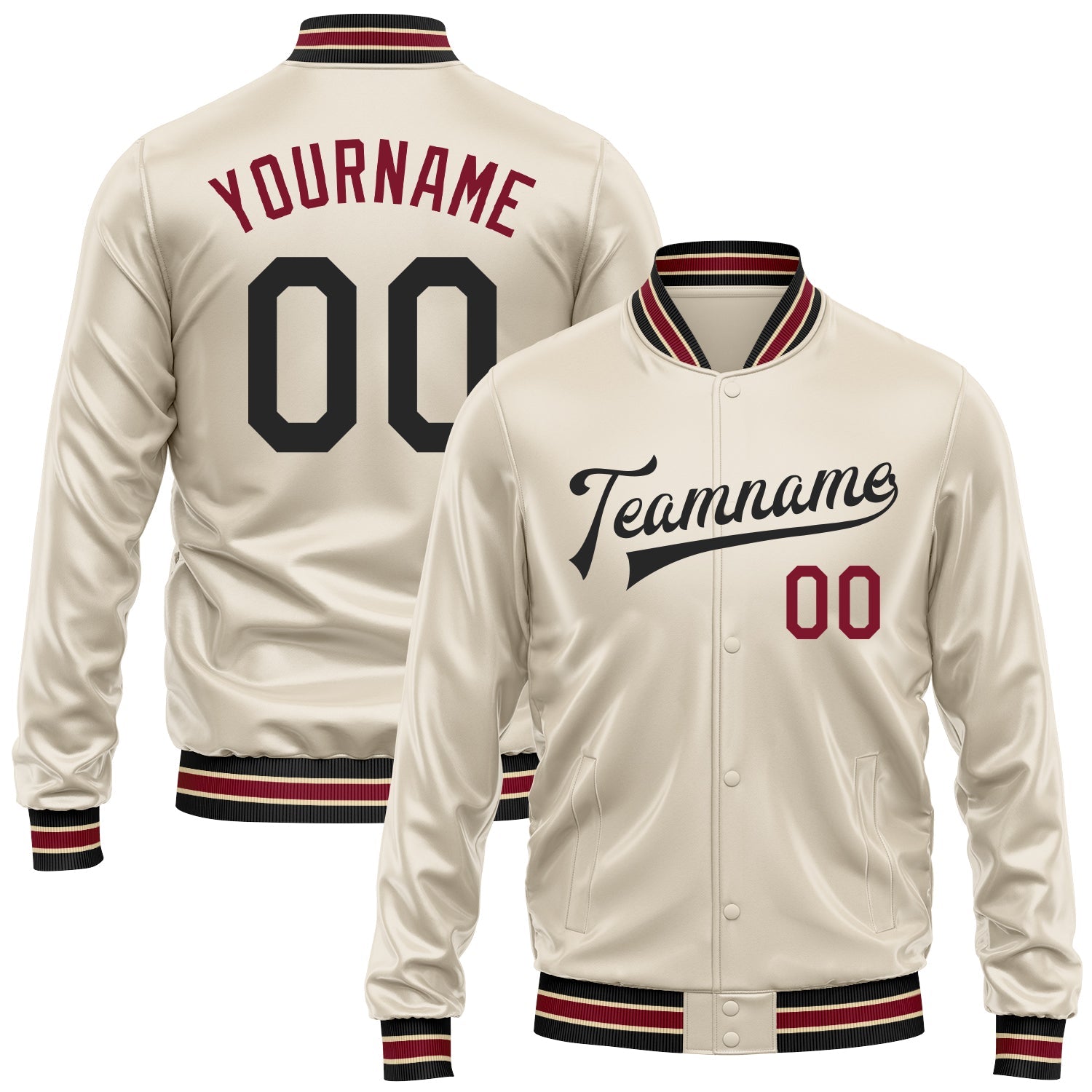 Custom Cream Black-Crimson Bomber Full-Snap Varsity Faux Leather Letterman Jacket - Main View