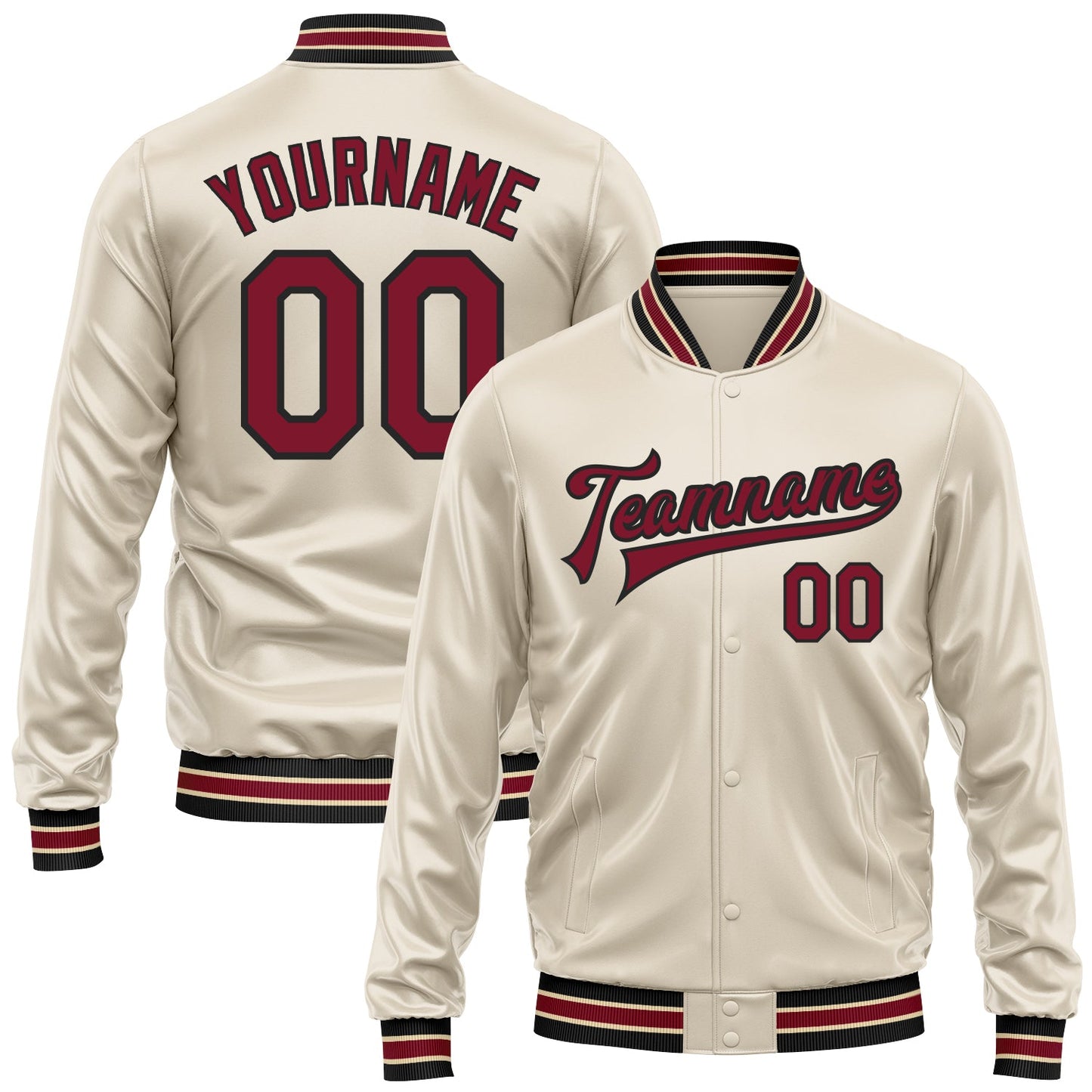 Custom Cream Crimson-Black Bomber Full-Snap Varsity Faux Leather Letterman Jacket - Main View