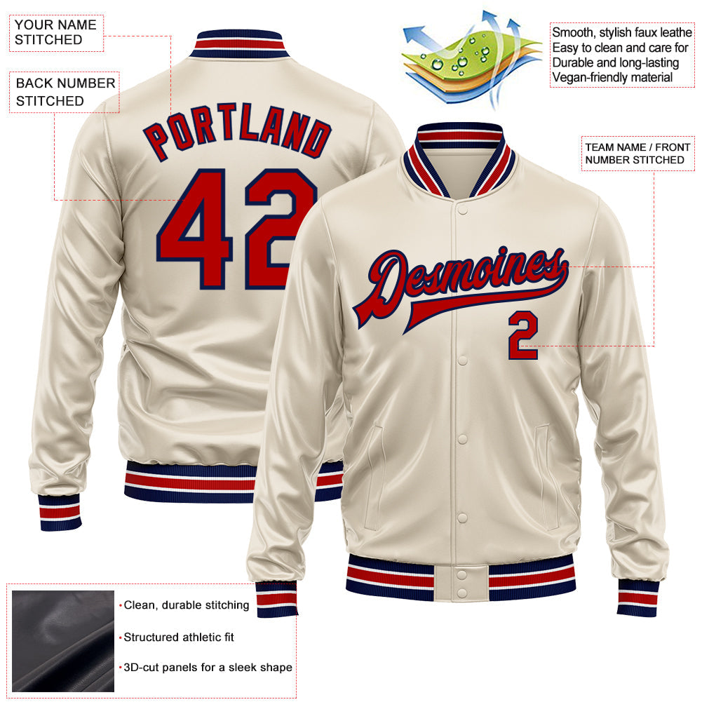 Custom Cream Red-Navy Bomber Full-Snap Varsity Faux Leather Letterman Jacket view 2