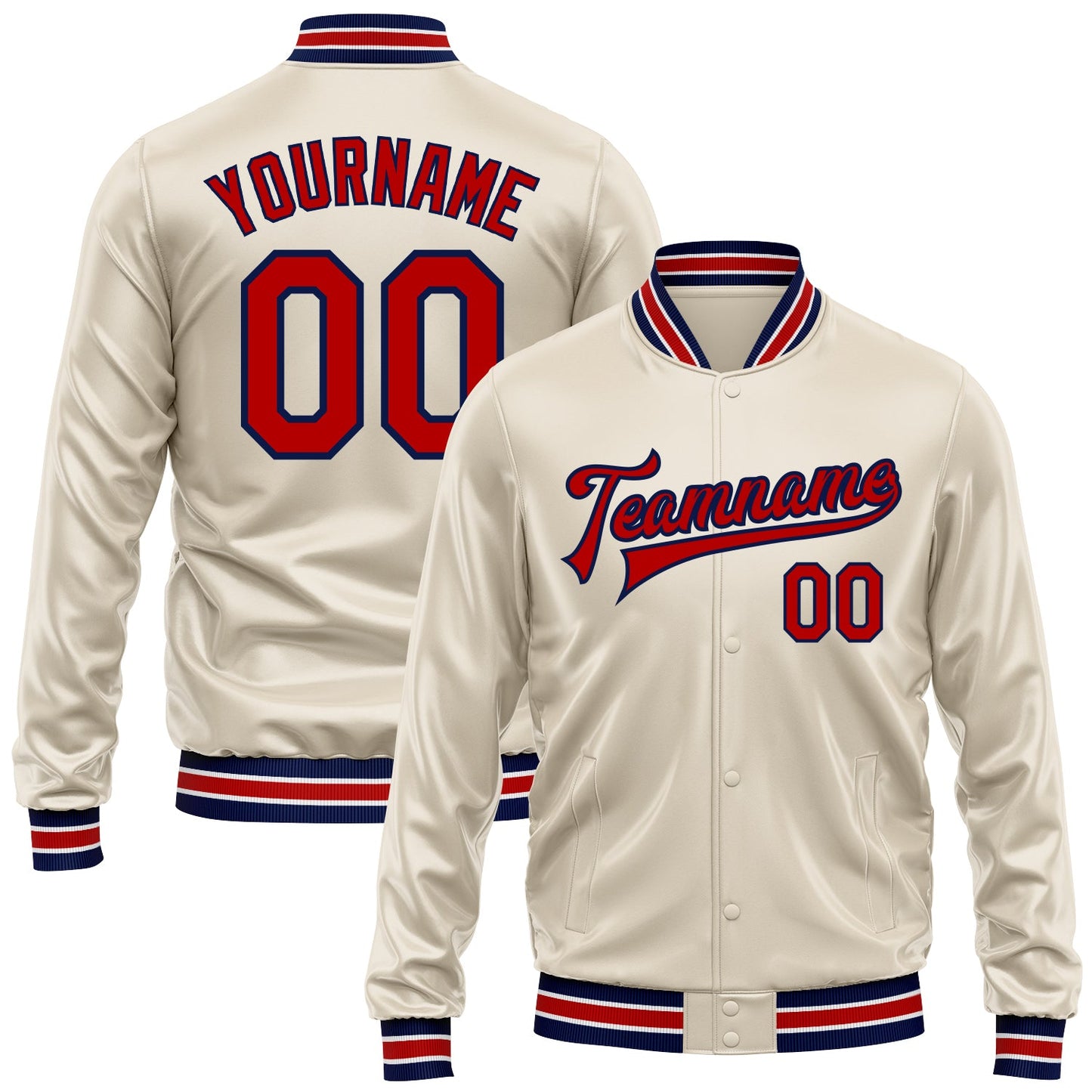 Custom Cream Red-Navy Bomber Full-Snap Varsity Faux Leather Letterman Jacket - Main View