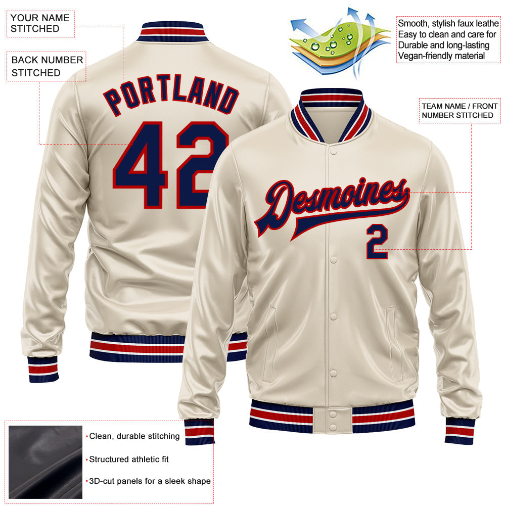 Custom Cream Navy-Red Bomber Full-Snap Varsity Faux Leather Letterman Jacket view 2