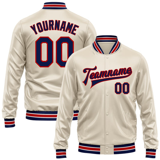 Custom Cream Navy-Red Bomber Full-Snap Varsity Faux Leather Letterman Jacket - Main View