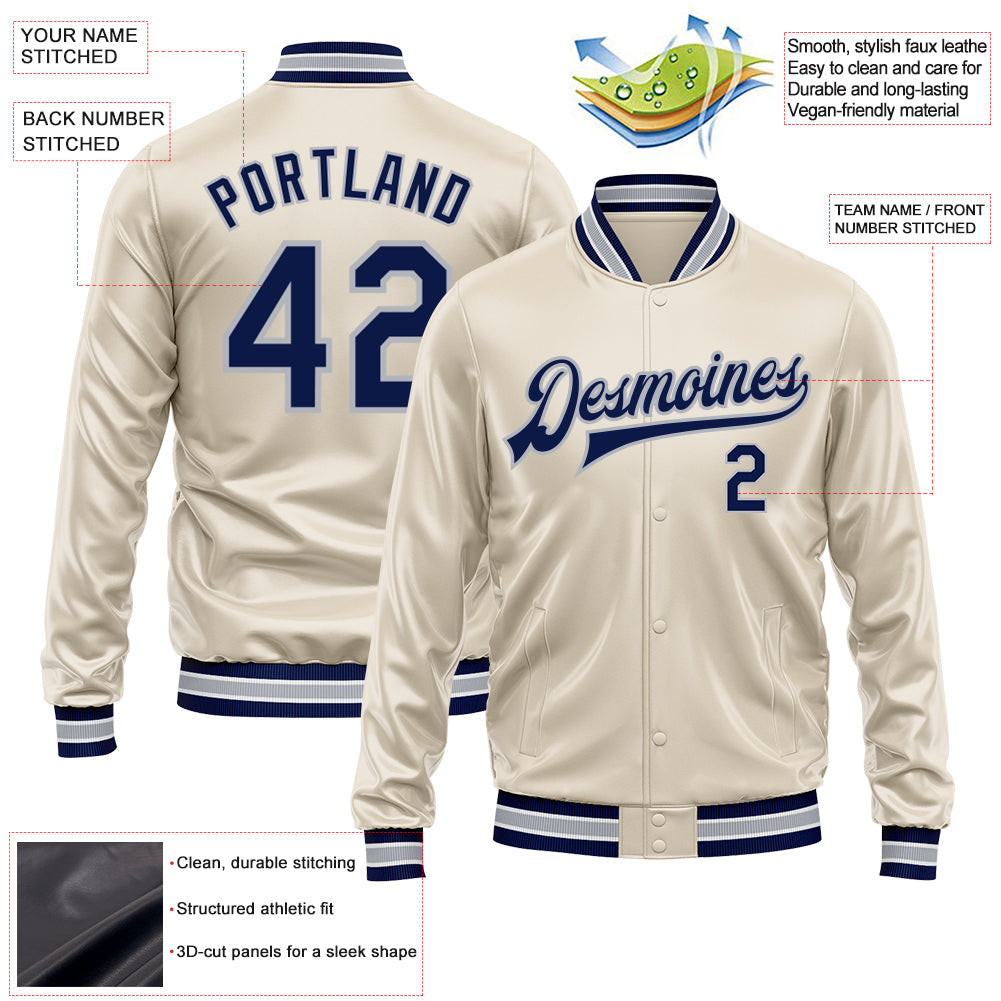 Custom Cream Navy-Gray Bomber Full-Snap Varsity Faux Leather Letterman Jacket view 2
