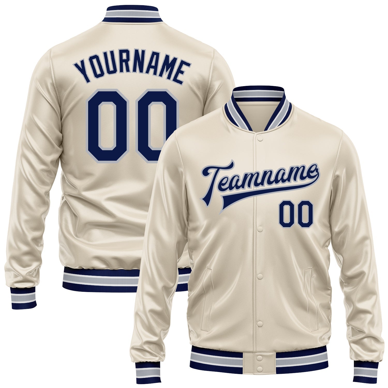 Custom Cream Navy-Gray Bomber Full-Snap Varsity Faux Leather Letterman Jacket - Main View