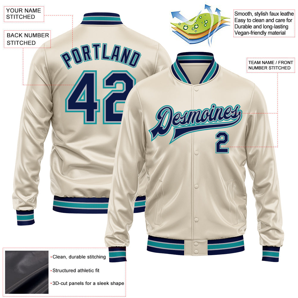 Custom Cream Navy Teal-Gray Bomber Full-Snap Varsity Faux Leather Letterman Jacket view 2