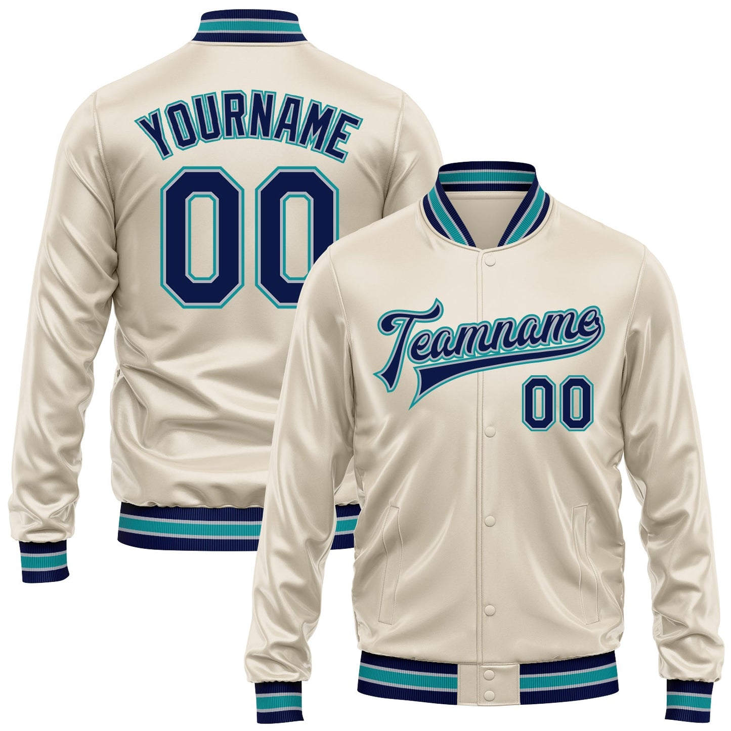 Custom Cream Navy Teal-Gray Bomber Full-Snap Varsity Faux Leather Letterman Jacket - Main View