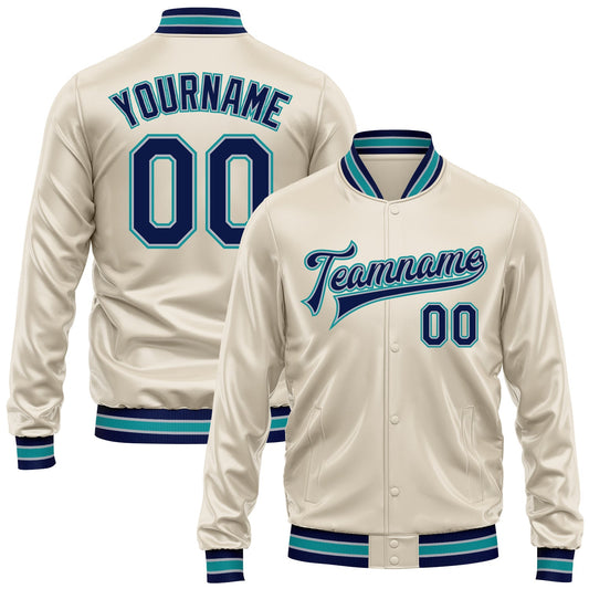 Custom Cream Navy Teal-Gray Bomber Full-Snap Varsity Faux Leather Letterman Jacket - Main View