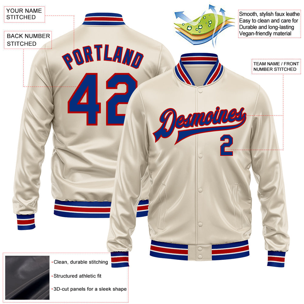 Custom Cream Royal-Red Bomber Full-Snap Varsity Faux Leather Letterman Jacket view 2