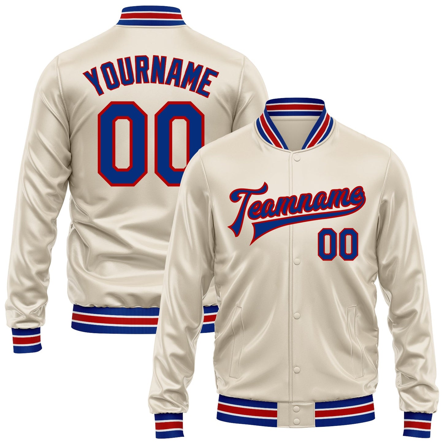 Custom Cream Royal-Red Bomber Full-Snap Varsity Faux Leather Letterman Jacket - Main View