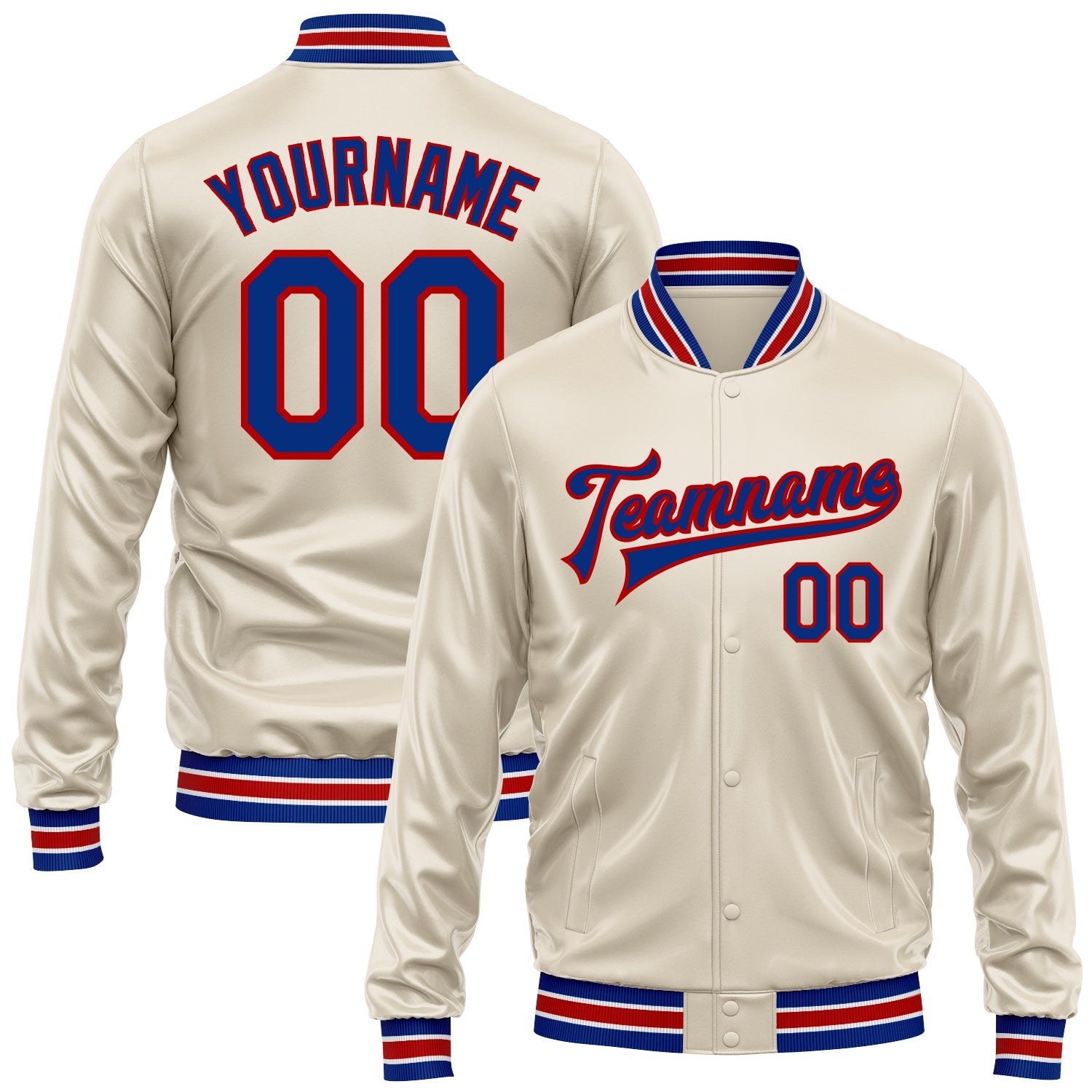 Custom Cream Royal-Red Bomber Full-Snap Varsity Faux Leather Letterman Jacket - Main View