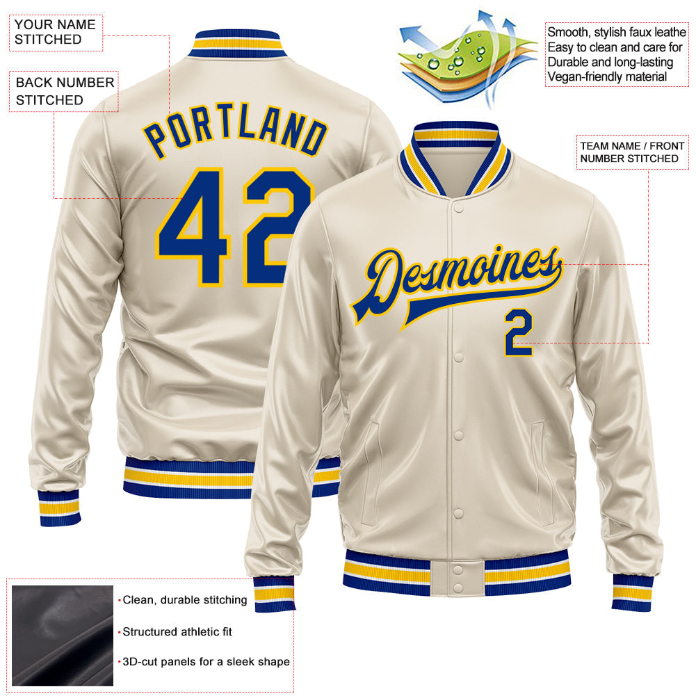 Custom Cream Royal-Yellow Bomber Full-Snap Varsity Faux Leather Letterman Jacket view 2