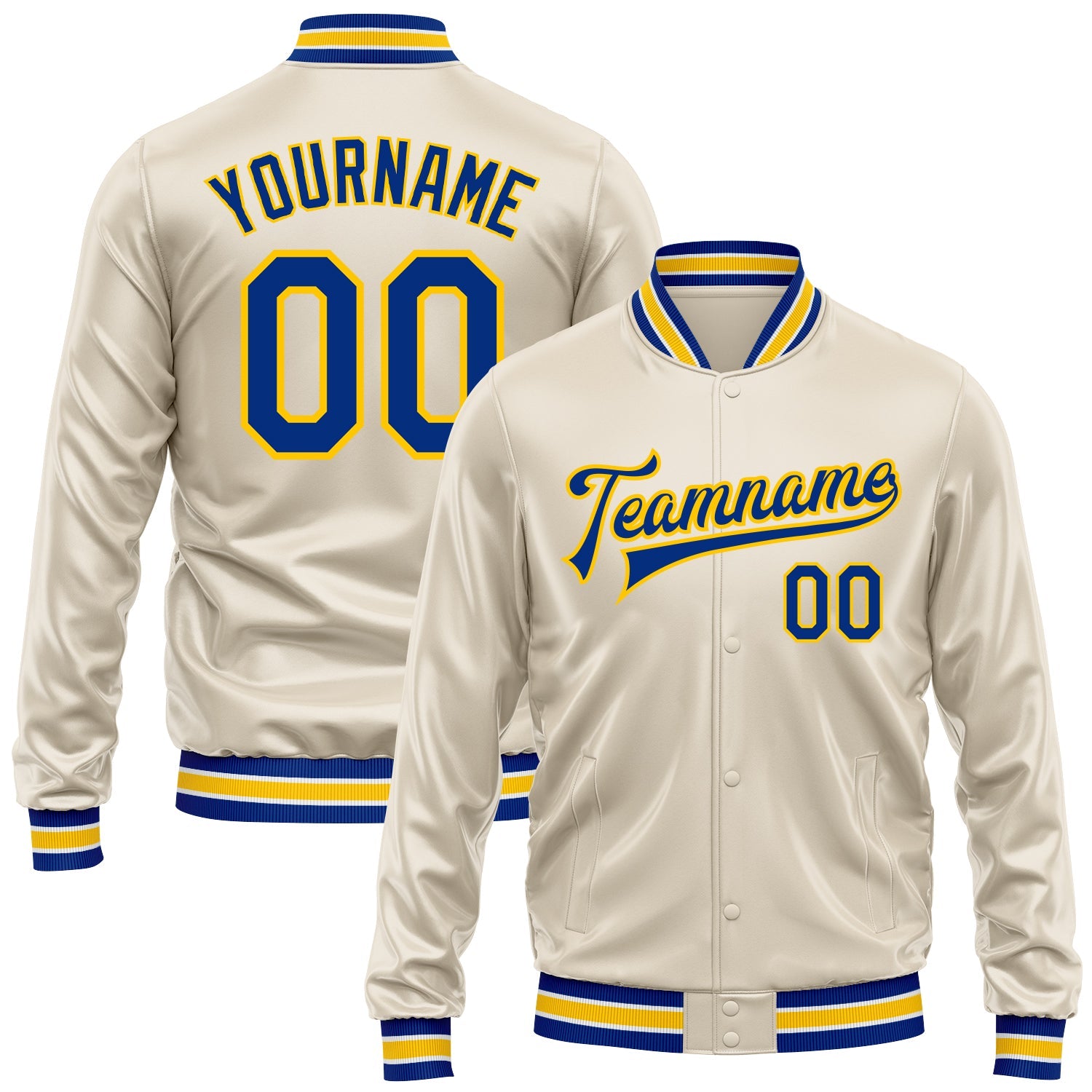 Custom Cream Royal-Yellow Bomber Full-Snap Varsity Faux Leather Letterman Jacket - Main View