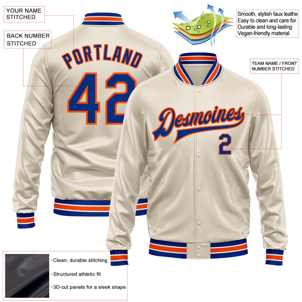Custom Cream Royal-Orange Bomber Full-Snap Varsity Faux Leather Letterman Jacket view 2