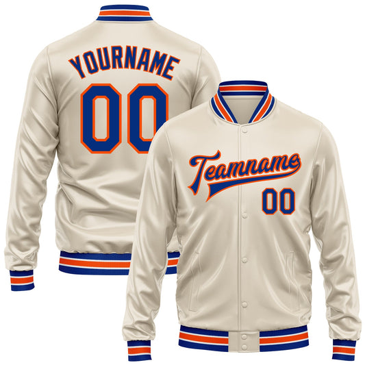 Custom Cream Royal-Orange Bomber Full-Snap Varsity Faux Leather Letterman Jacket - Main View