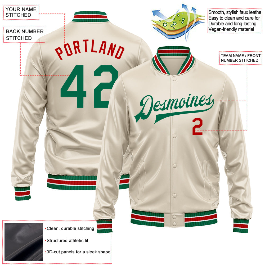 Custom Cream Kelly Green-Red Bomber Full-Snap Varsity Faux Leather Letterman Jacket view 2
