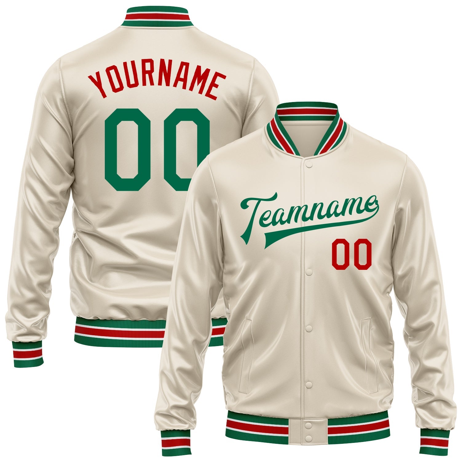 Custom Cream Kelly Green-Red Bomber Full-Snap Varsity Faux Leather Letterman Jacket - Main View
