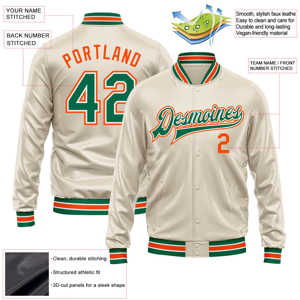 Custom Cream Kelly Green-Orange Bomber Full-Snap Varsity Faux Leather Letterman Jacket view 2