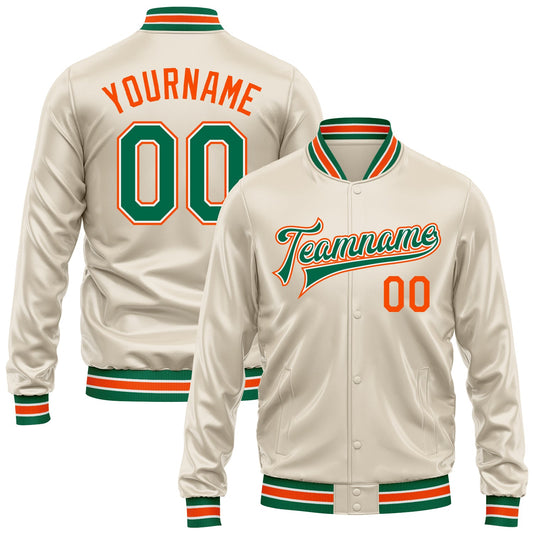 Custom Cream Kelly Green-Orange Bomber Full-Snap Varsity Faux Leather Letterman Jacket - Main View