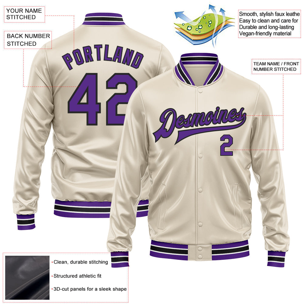 Custom Cream Purple-Black Bomber Full-Snap Varsity Faux Leather Letterman Jacket view 2