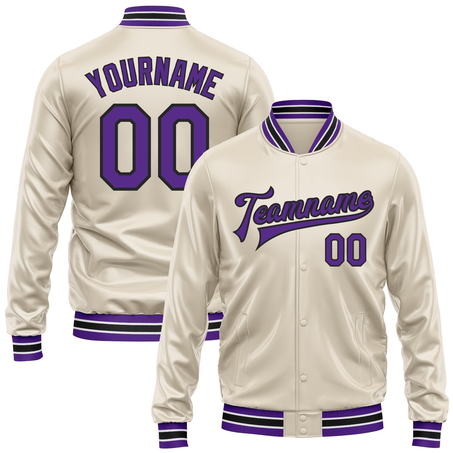 Custom Cream Purple-Black Bomber Full-Snap Varsity Faux Leather Letterman Jacket - Main View