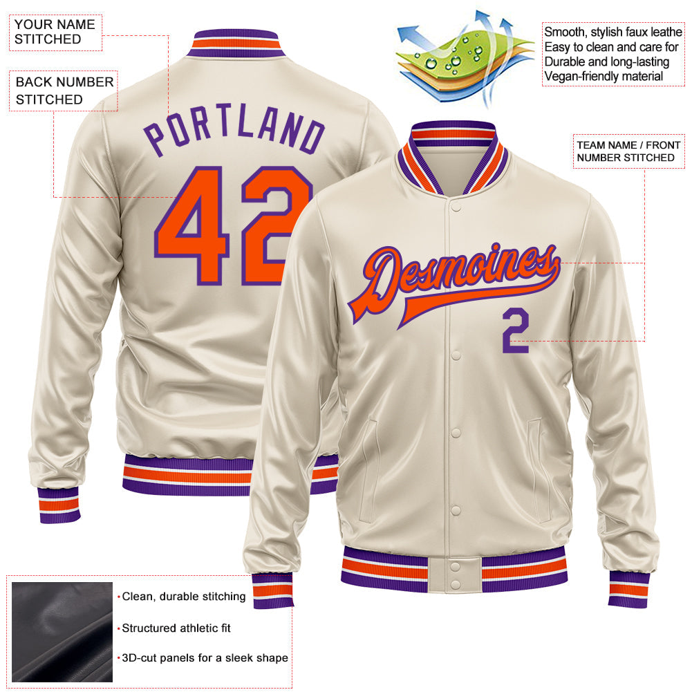 Custom Cream Orange-Purple Bomber Full-Snap Varsity Faux Leather Letterman Jacket view 2