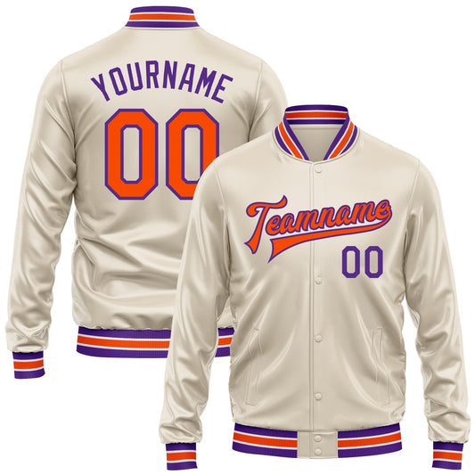 Custom Cream Orange-Purple Bomber Full-Snap Varsity Faux Leather Letterman Jacket - Main View