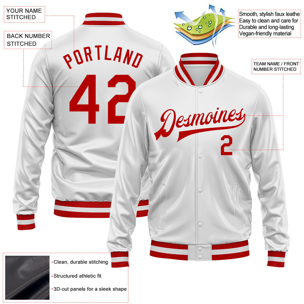 Custom White Red Bomber Full-Snap Varsity Faux Leather Letterman Jacket view 2
