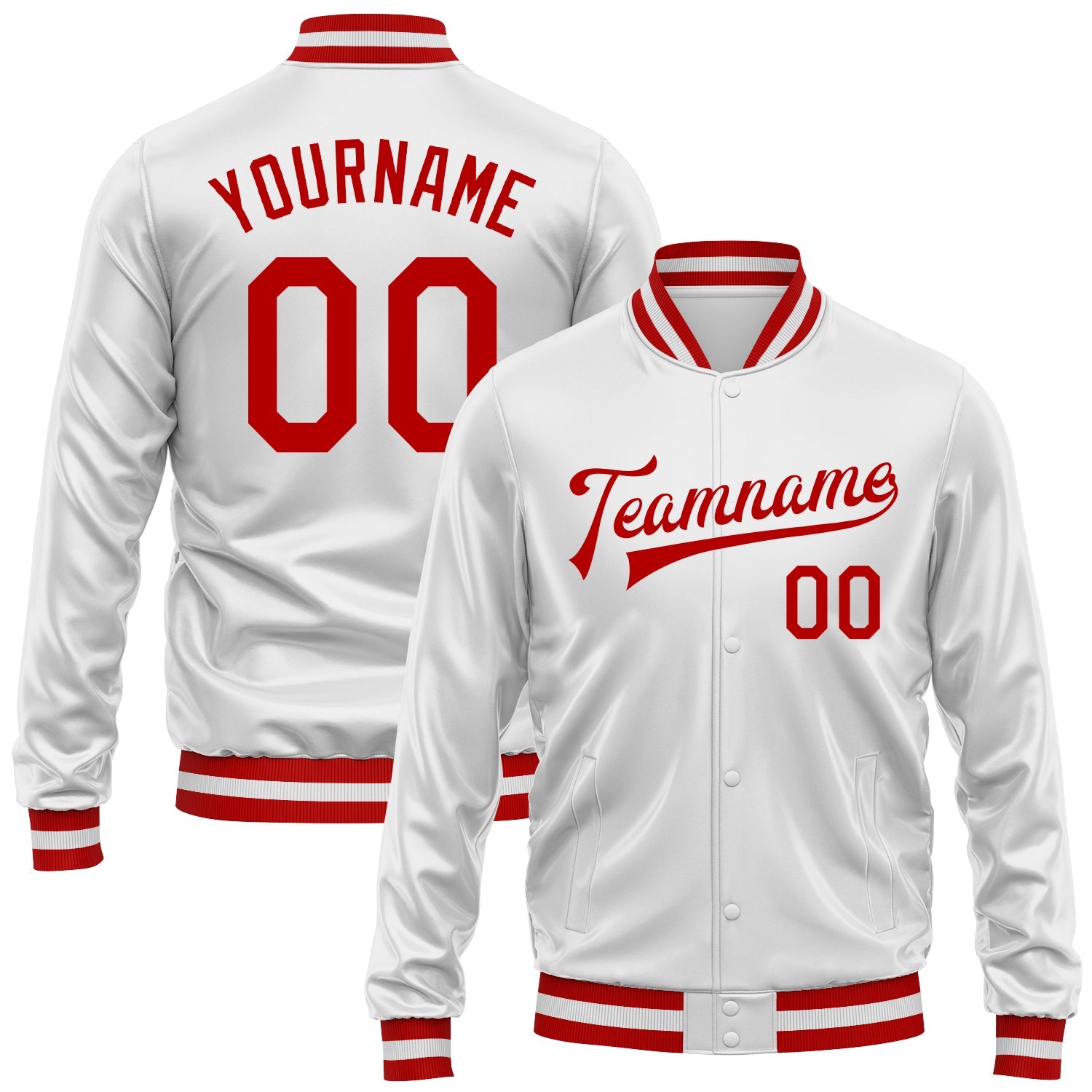 Custom White Red Bomber Full-Snap Varsity Faux Leather Letterman Jacket - Main View