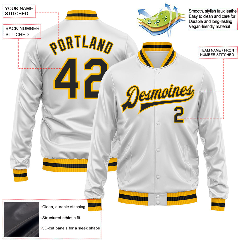 Custom White Black-Gold Bomber Full-Snap Varsity Faux Leather Letterman Jacket view 2