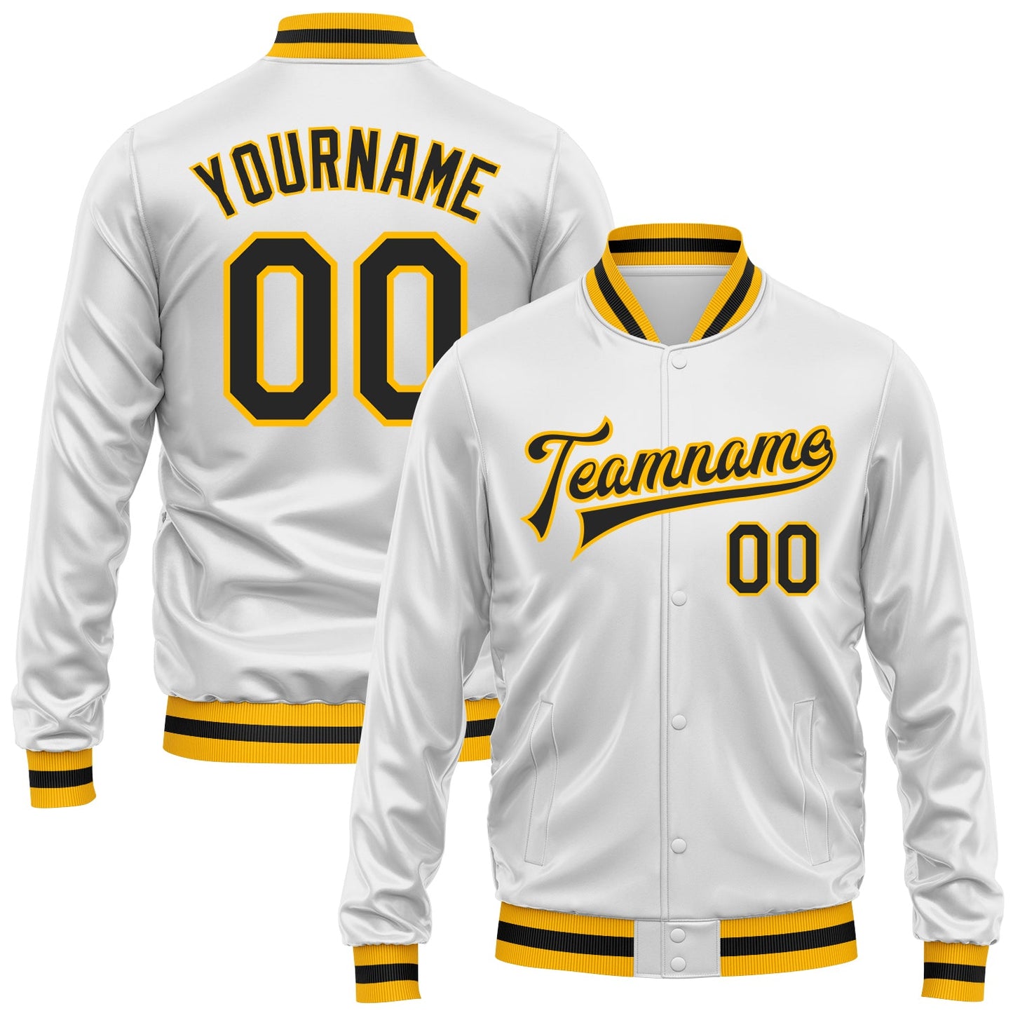 Custom White Black-Gold Bomber Full-Snap Varsity Faux Leather Letterman Jacket - Main View
