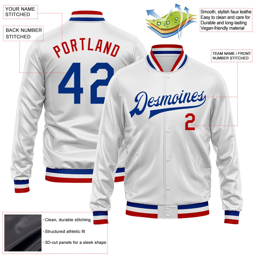 Custom White Royal-Red Bomber Full-Snap Varsity Faux Leather Letterman Jacket view 2