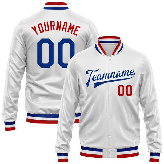 Custom White Royal-Red Bomber Full-Snap Varsity Faux Leather Letterman Jacket - Main View