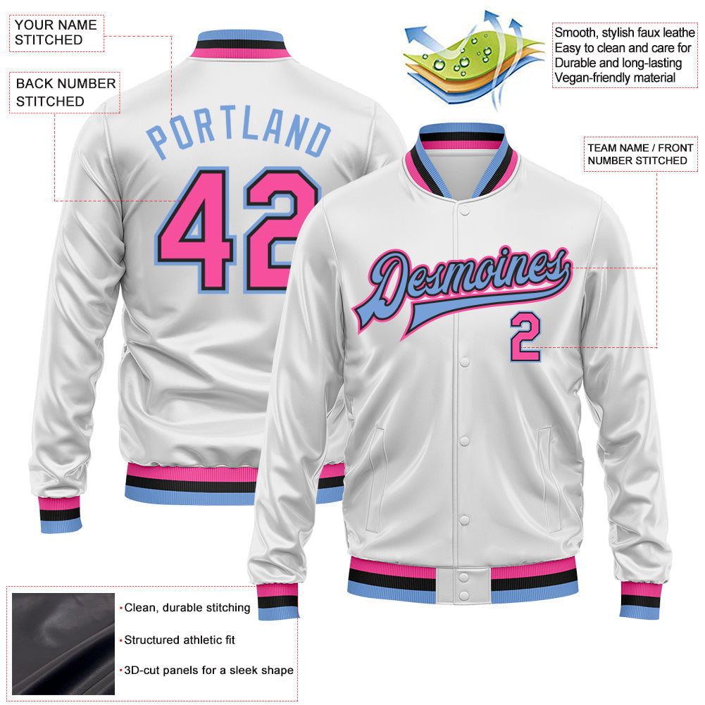 Custom White Pink Light Blue-Black Bomber Full-Snap Varsity Faux Leather Letterman Jacket view 2