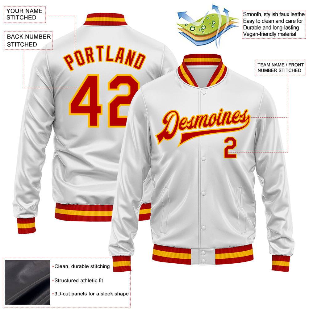 Custom White Red-Gold Bomber Full-Snap Varsity Faux Leather Letterman Jacket view 2