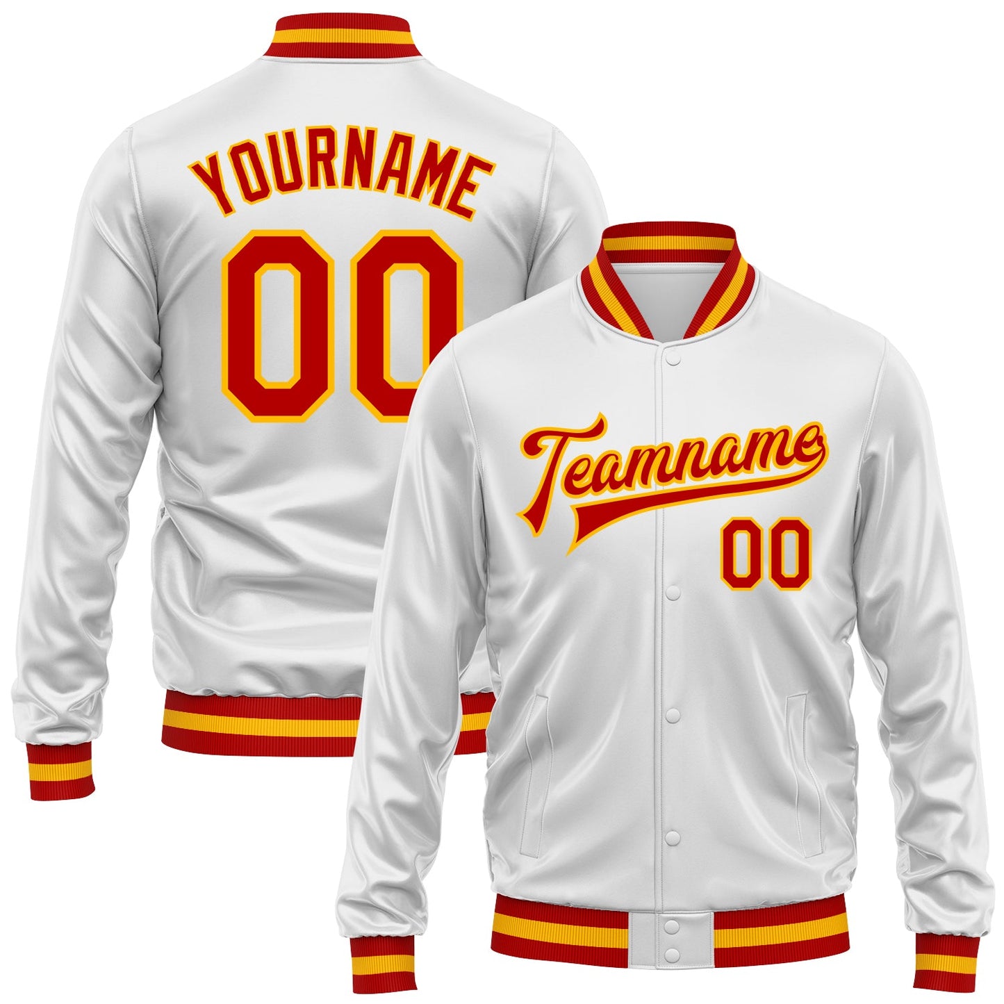 Custom White Red-Gold Bomber Full-Snap Varsity Faux Leather Letterman Jacket - Main View