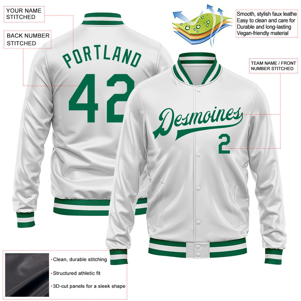 Custom White Kelly Green Bomber Full-Snap Varsity Faux Leather Letterman Jacket view 2