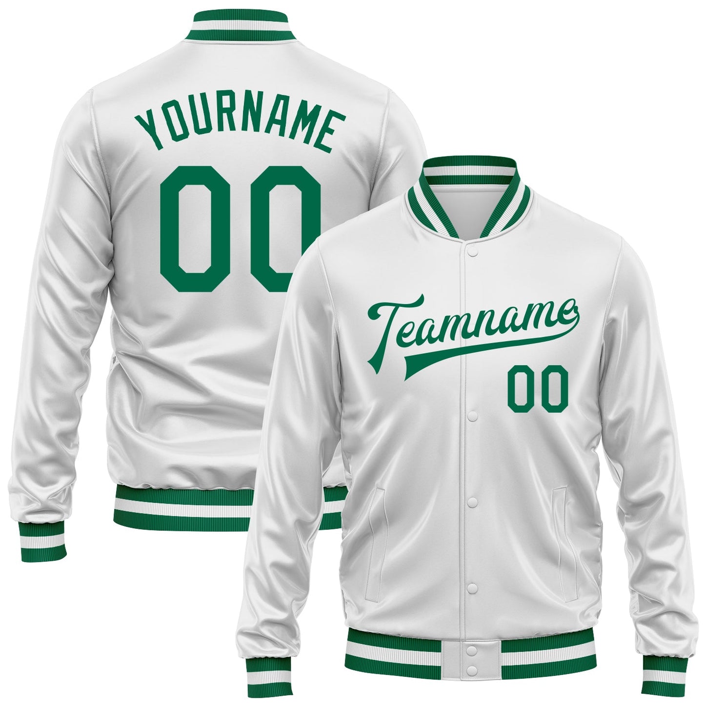 Custom White Kelly Green Bomber Full-Snap Varsity Faux Leather Letterman Jacket - Main View