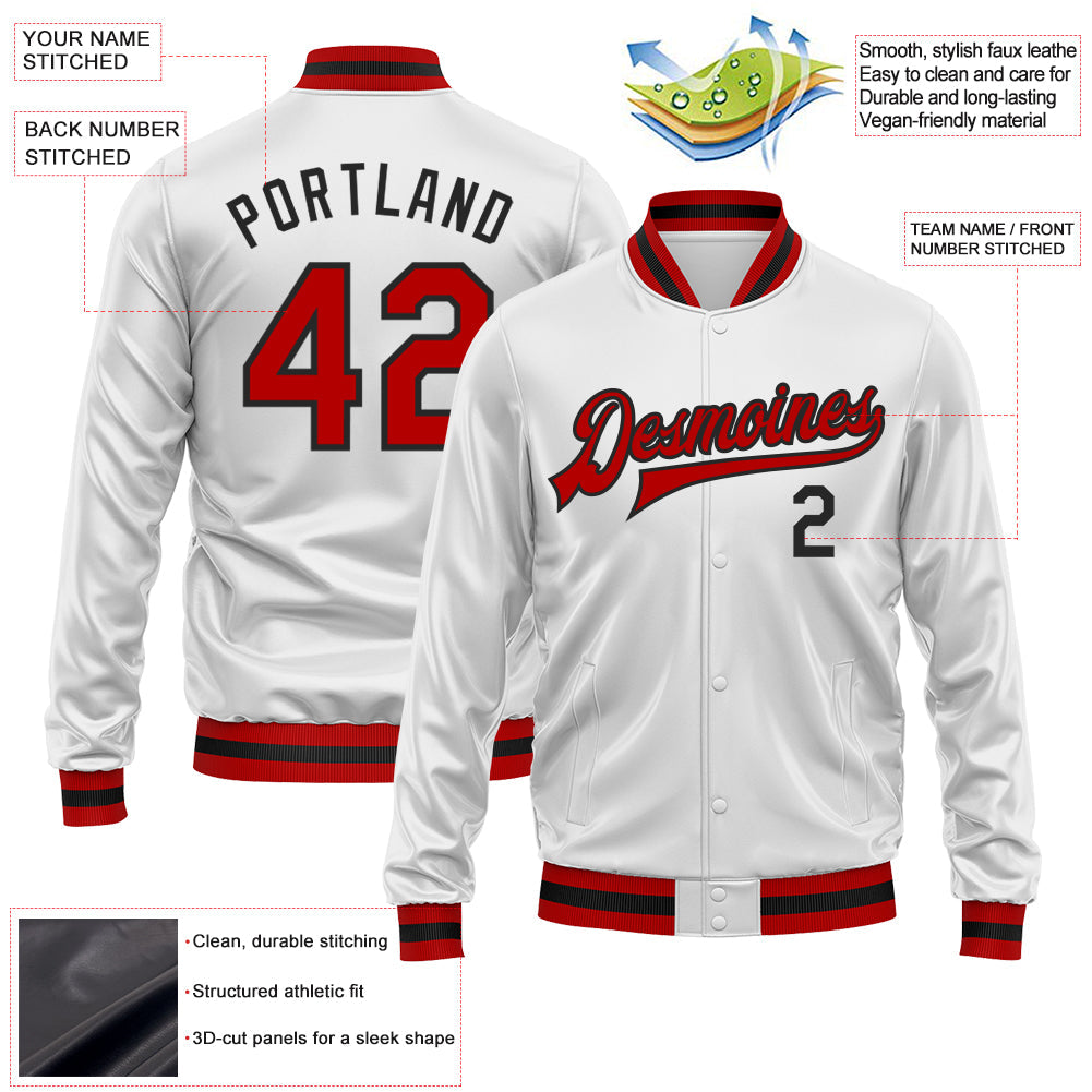 Custom White Red-Black Bomber Full-Snap Varsity Faux Leather Letterman Jacket view 2