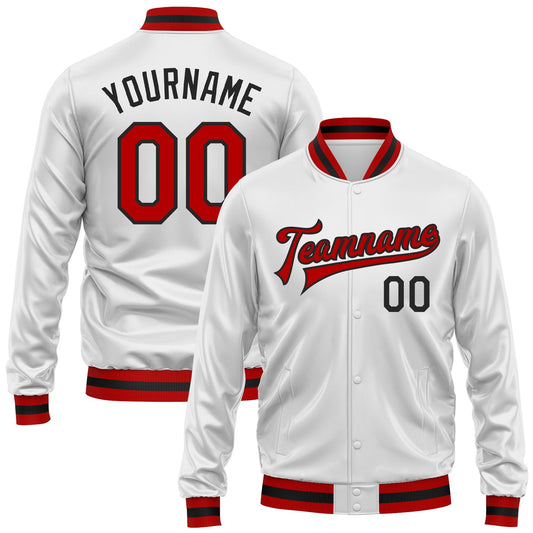 Custom White Red-Black Bomber Full-Snap Varsity Faux Leather Letterman Jacket - Main View