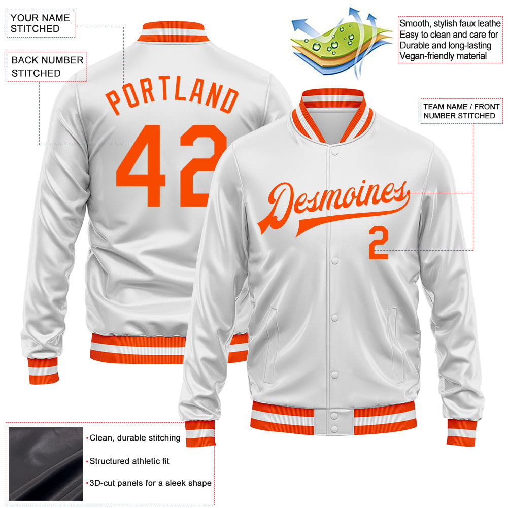 Custom White Orange Bomber Full-Snap Varsity Faux Leather Letterman Jacket view 2