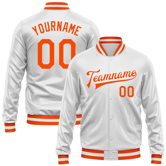 Custom White Orange Bomber Full-Snap Varsity Faux Leather Letterman Jacket - Main View