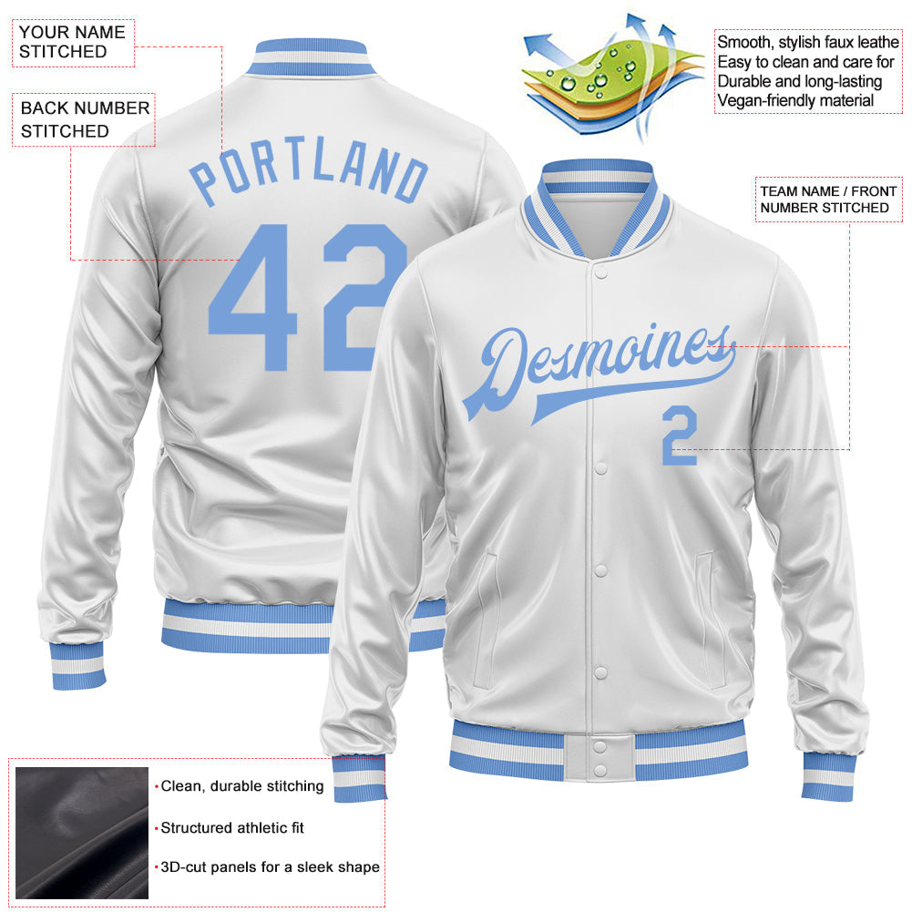 Custom White Light Blue Bomber Full-Snap Varsity Faux Leather Letterman Jacket view 2