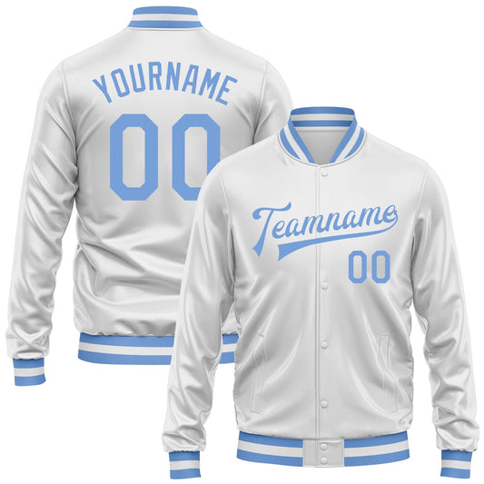 Custom White Light Blue Bomber Full-Snap Varsity Faux Leather Letterman Jacket - Main View