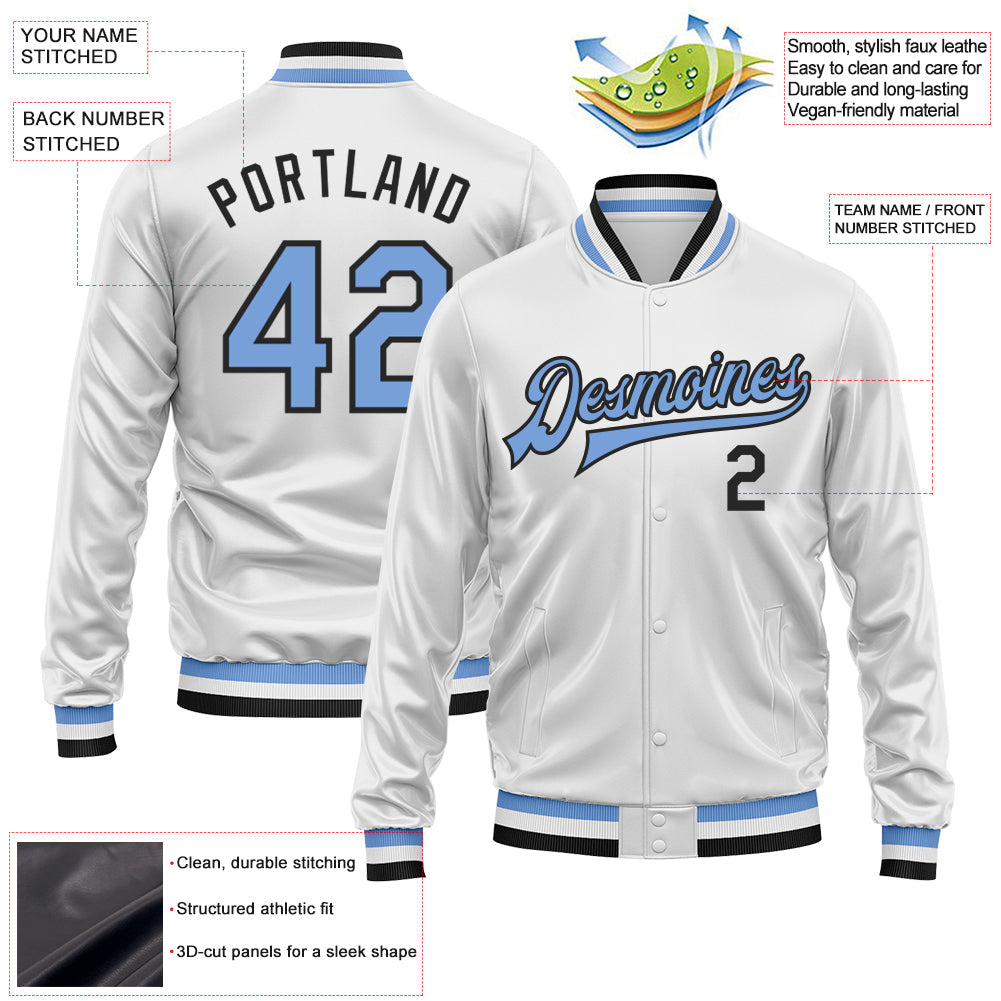 Custom White Light Blue-Black Bomber Full-Snap Varsity Faux Leather Letterman Jacket view 2