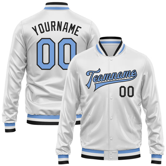 Custom White Light Blue-Black Bomber Full-Snap Varsity Faux Leather Letterman Jacket - Main View